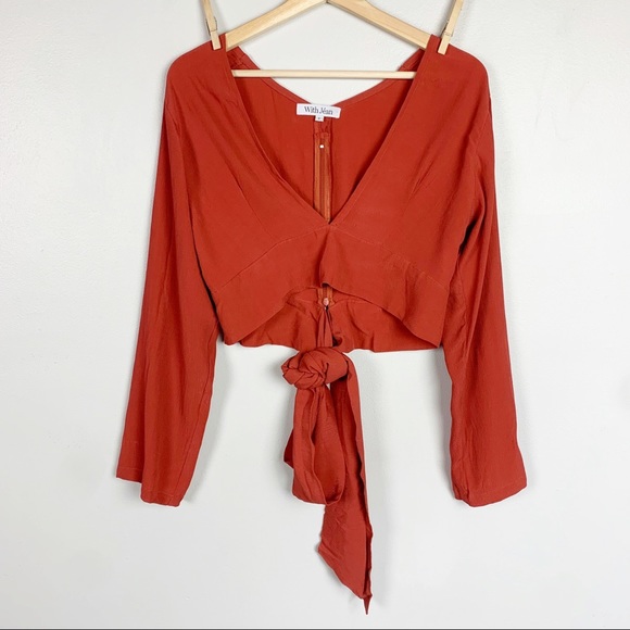 WITH JEAN Cropped Wide Sleeve Deep V Neck Wraparound Waist Tie Top US S